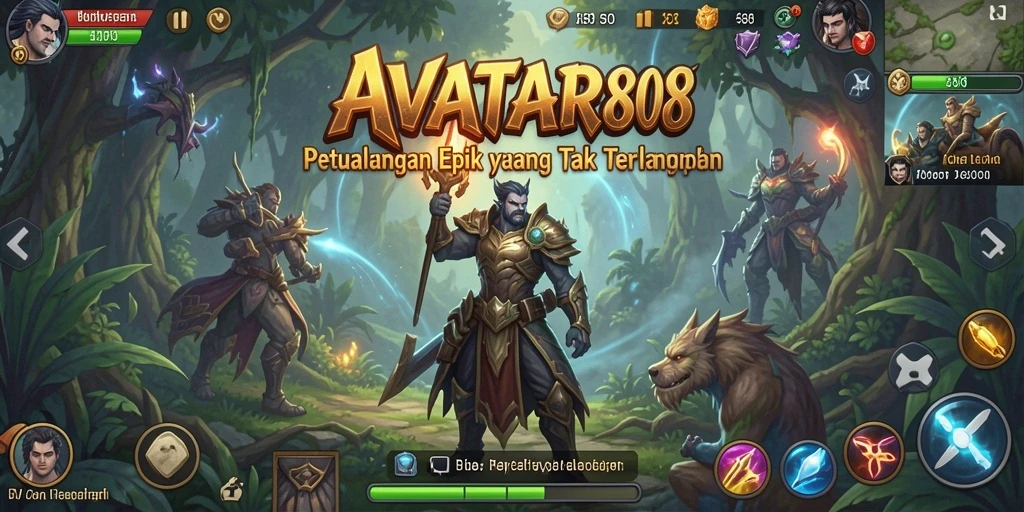 Tangkapan layar AVATAR808 menampilkan karakter petualangan melawan musuh di dunia yang menakjubkan.