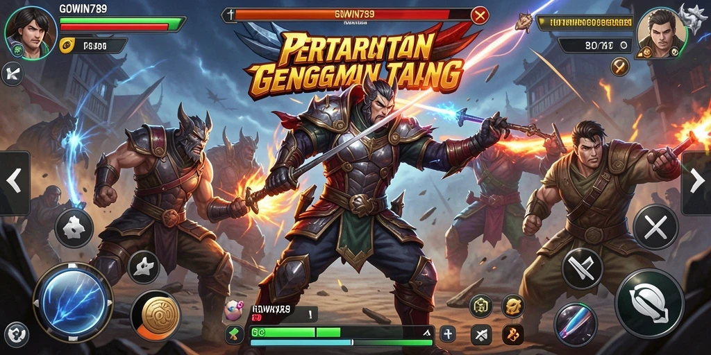Screenshot GOWIN789 menampilkan karakter bertarung di arena yang dinamis.