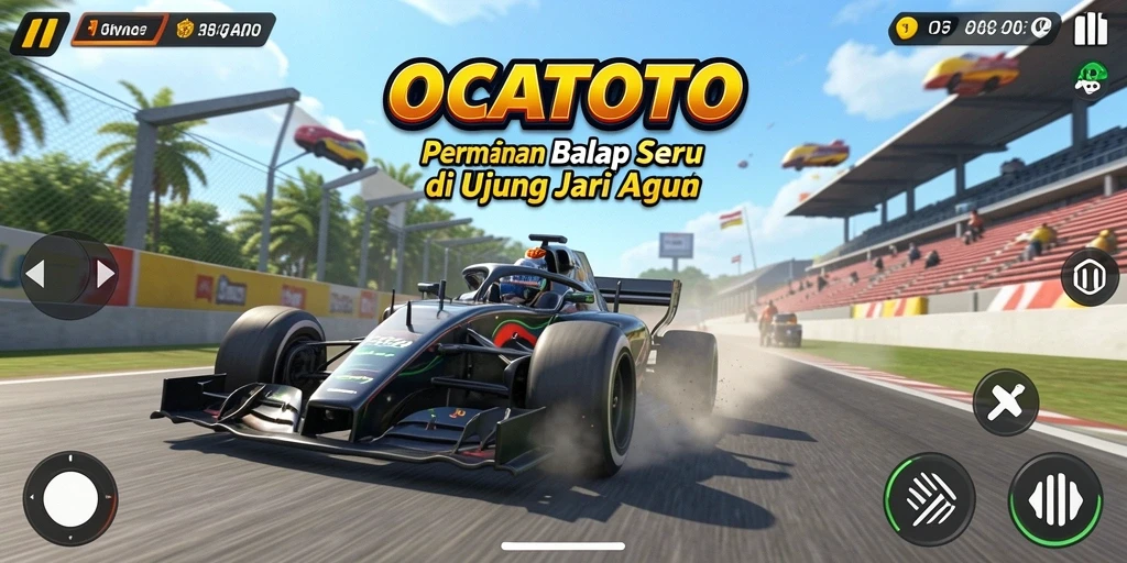 Screenshot gameplay OCATOTO menampilkan balapan yang mendebarkan dan mobil yang kencang.