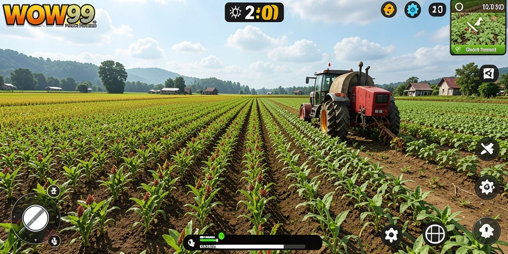 Tampilan gameplay WOW99 dengan ladang yang subur dan hewan ternak.
